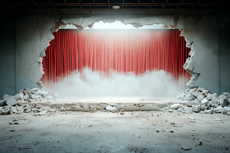A dramatic setting featuring a broken wall revealing red curtains and fog. This intriguing composition is perfect for artistic concepts, theater themes, and creative designs.の写真素材
