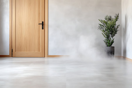 A serene and modern interior scene featuring a wooden door, a potted indoor plant, and soft mist on the floor, creating a tranquil atmosphere.の写真素材