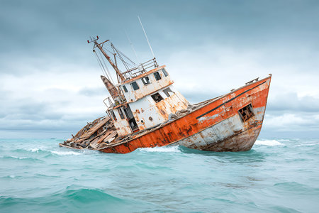 An abandoned fishing boat rests half-submerged in turquoise waters, surrounded by a moody sky filled with dramatic clouds, creating a tranquil yet haunting scene.の写真素材
