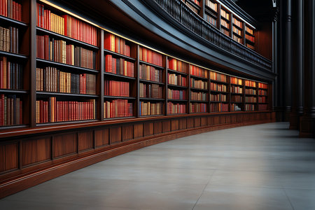 This image showcases an elegant wooden library interior featuring ornate bookshelves filled with red leather-bound books, bathed in a warm lighting ambiance.の写真素材