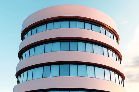 A striking modern round office building featuring expansive glass windows against a serene blue sky. The architectural design emphasizes curves and symmetry, embodying contemporary elegance.の写真素材