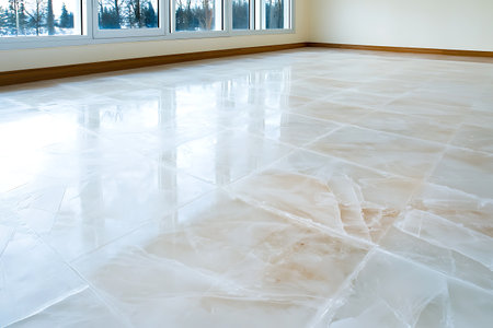This image showcases a freshly installed polished natural stone floor in a bright, modern interior space, highlighting the elegance and tranquility of the design.の写真素材