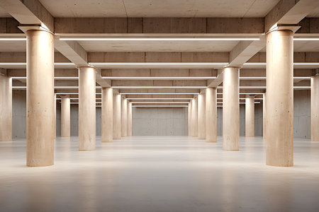 Spacious industrial interior showcases concrete columns with modern lighting, creating an open,...