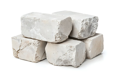 A collection of rough white building bricks stacked together, showcasing their textured surfaces and solid structure, ideal for construction and design projects.の写真素材