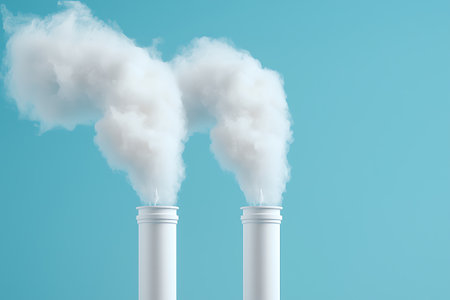Two industrial chimneys release white smoke into a serene light blue sky, highlighting environmental concerns related to air quality and pollution sources.の写真素材