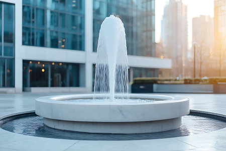 A stunning modern water fountain located in a vibrant city center, surrounded by sleek glass buildings, creating a tranquil urban oasis.の写真素材