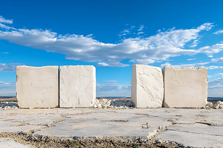 Four white stone blocks stand against a bright blue sky, creating a serene and minimalist scene...