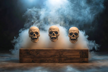 Three human skulls rest on a wooden base, cloaked in swirling fog and illuminated by dramatic lighting, creating a haunting and mysterious atmosphere.の写真素材