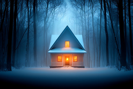 A serene winter scene featuring a cozy house surrounded by tall trees, glowing warmly in the evening light, exuding peacefulness and charm.の写真素材