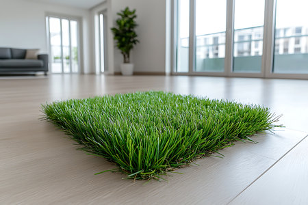 A vibrant green artificial grass mat lies on a wooden floor in a bright modern living room. Large windows fill the space with natural light, enhancing the inviting atmosphere.の写真素材