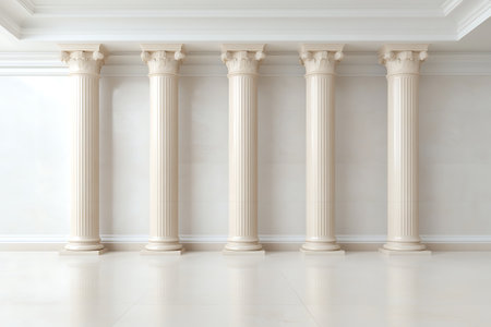 This image features an elegant indoor space showcasing a row of classical marble columns illuminated by bright ambient light, creating a serene atmosphere.の写真素材