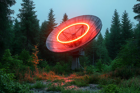 A mesmerizing satellite dish with a vivid neon glow stands amidst a tranquil forest, creating a striking contrast against the lush greenery at dusk.の写真素材
