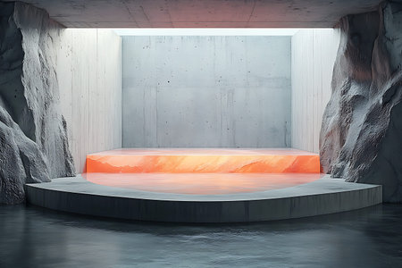 This minimalist interior showcases smooth water reflections and elegant ambient lighting,...