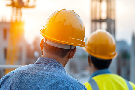 Two construction workers in hard hats observe the sunrise at a building site, highlighting teamwork...