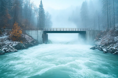 This stunning winter river scene features a misty atmosphere with a bridge and snowy trees,...