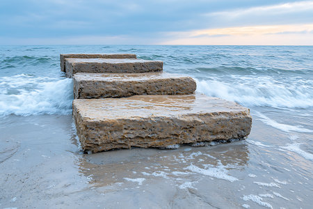 A serene scene capturing ocean waves gently hitting rocky steps on a beach, creating a peaceful and tranquil atmosphere during sunset.の写真素材