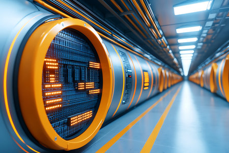 A striking view of a futuristic hallway featuring circular technological devices and dynamic lighting. This image captures an innovative, high-tech atmosphere ideal for science and technology themes.の写真素材