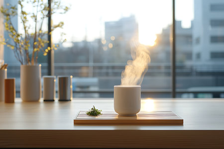A serene morning scene featuring a steaming white mug on a wooden tray, surrounded by a sunlit urban backdrop, perfect for cozy moments and relaxation.の写真素材