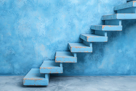 Unique blue staircase against a textured wall in a modern minimalist setting. Ideal for interior design themes, renovation projects, or architectural showcases.の写真素材