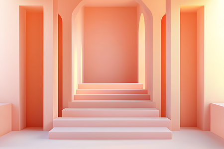 A beautiful staircase featuring soft peach tones and minimalist architecture. The elegant design creates a serene atmosphere, ideal for modern interior themes.の写真素材