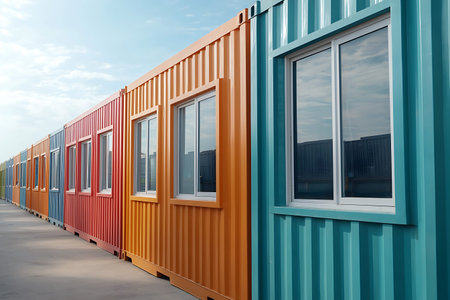 A row of colorful shipping containers creates a striking urban landscape under a bright blue sky....