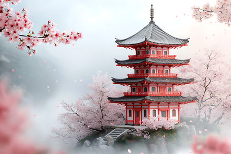 This stunning image features a traditional Japanese pagoda surrounded by vibrant cherry blossoms, creating a peaceful and picturesque landscape.の写真素材