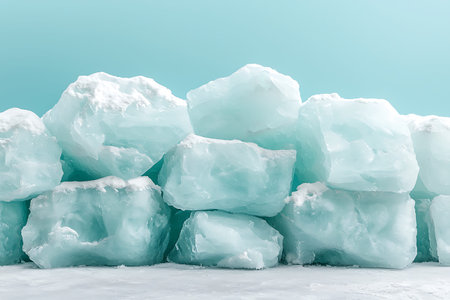 Stunning image of translucent ice blocks stacked high against a soft blue backdrop. The frosty texture showcases purity and freshness, ideal for winter themes.の写真素材