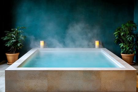 This image captures a serene indoor spa with steam emanating from the aqua water, surrounded by lush green plants and elegant lighting, creating a peaceful ambiance perfect for relaxation.の写真素材