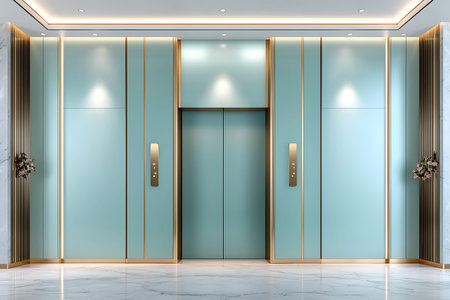 Explore a sleek elevator lobby featuring elegant blue walls and gold accents, creating a refined...