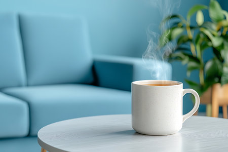 A serene interior scene featuring a steaming coffee mug on a white table, with a soft blue sofa and green plant in the background, perfect for relaxation.の写真素材
