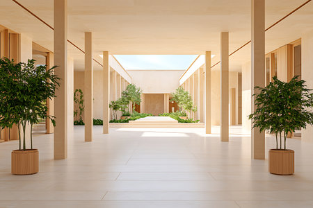 This image showcases a serene interior featuring wooden columns and lush plants, emphasizing modern minimalism and natural light in an open layout.の写真素材