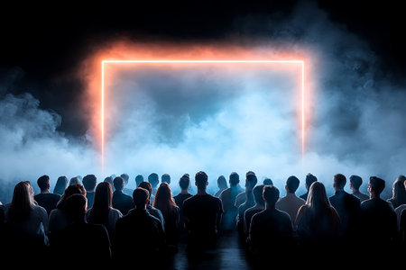 A diverse audience watches attentively as a glowing neon frame emerges from swirling fog, creating...