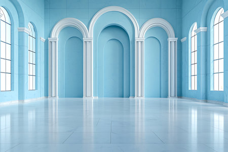 A stunning blue interior featuring arched windows and elegant columns, perfect for showcasing modern design and sophistication in spacious rooms.の写真素材