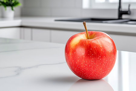 A vibrant red apple sits on a smooth marble countertop, showcasing its freshness in a modern kitchen. Ideal for healthy eating and nutrition themes.の写真素材