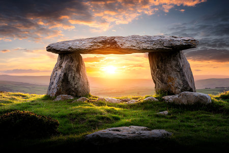 Breathtaking view of an ancient stone dolmen at sunset, illuminating the surrounding grassy landscape with warm hues. Perfect for nature and travel themes.の写真素材
