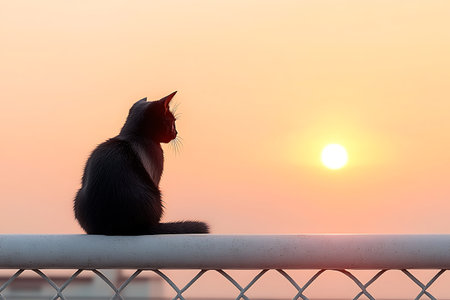 A serene silhouette of a cat sits on a railing, gazing at a vivid sunset. The warm colors of the sky create a tranquil atmosphere, perfect for animal lovers.の写真素材