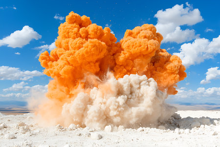 A vibrant orange smoke explosion fills the air against a clear blue sky dotted with fluffy clouds. The dynamic scene captures the raw energy and intensity of natural phenomena.の写真素材