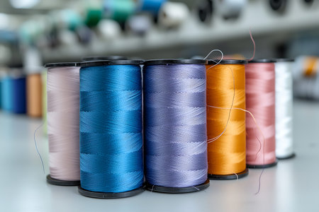 A vibrant collection of spools of thread in various colors sits on a table, ready for crafting. This...