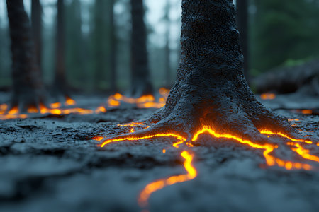 A captivating scene featuring glowing lava flowing around tree roots in a serene forest, highlighting the contrast between fire and nature's beauty.の写真素材
