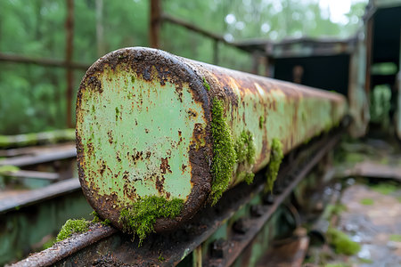 A close-up of a rusty industrial pipe adorned with vibrant moss in an abandoned factory, highlighting nature's reclamation over man-made structures.の写真素材