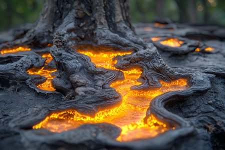 Close-up view of glowing lava flowing beneath the charred roots of a tree, creating a dramatic...