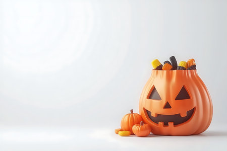 A vibrant Halloween-themed image showcasing a classic jack-o'-lantern filled with assorted candies...