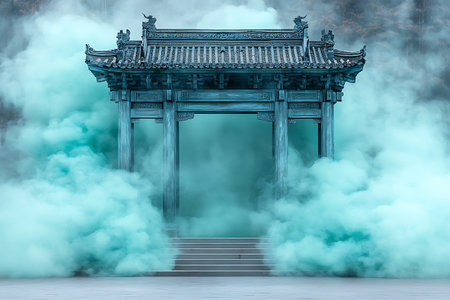 A stunning temple entrance enveloped in ethereal blue smoke creates a mystical atmosphere. Ideal for projects focusing on spirituality, tranquility, and serenity.の写真素材
