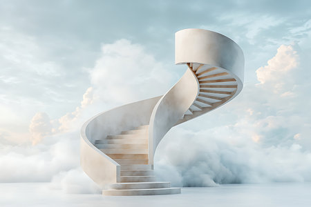 An elegant spiral staircase ascends through soft clouds, creating a surreal atmosphere under a dreamy sky, symbolizing hope and new beginnings.の写真素材