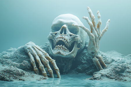 This haunting image features a skeleton emerging from murky waters, evoking a sense of mystery and fear. The eerie environment emphasizes themes of decay and the unknown.の写真素材