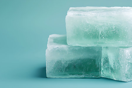Beautifully stacked ice cubes on a soft blue background create a refreshing look, perfect for any beverage presentation or culinary use.の写真素材
