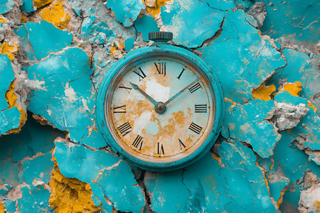 A striking vintage clock rests against a cracked turquoise wall, featuring vibrant chipping paint in hues of blue and orange, evoking nostalgia.の写真素材