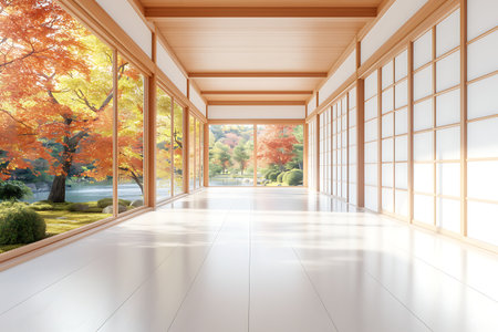 A tranquil Japanese room featuring wooden shutters and expansive windows, revealing vibrant autumn foliage. The serene atmosphere invites relaxation and reflection.の写真素材