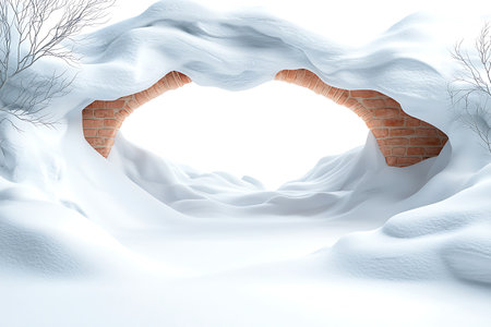 A stunning winter landscape featuring a unique archway of brick encased in soft, white snow. This serene scene captures the beauty of nature in a bright, tranquil setting.の写真素材