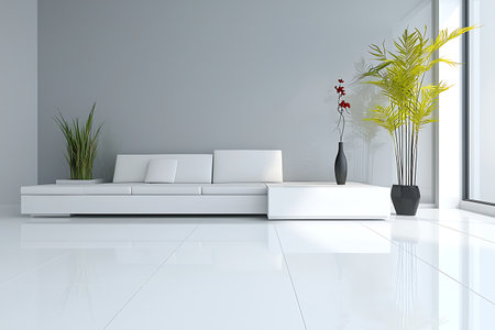 A stylish minimalist living room featuring a white couch, elegant indoor plants, and abundant natural light, creating a serene and inviting atmosphere.の写真素材